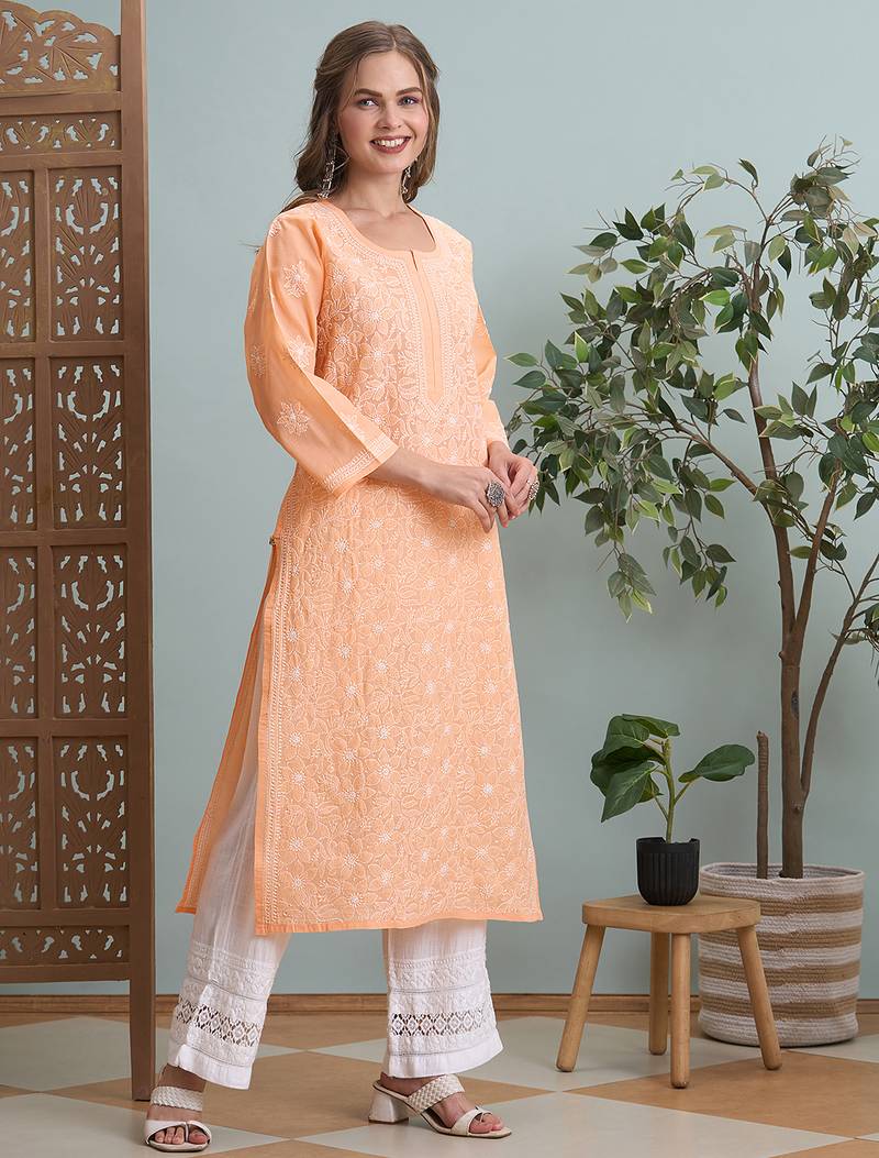 Ada hand embroidered peach cotton lucknowi chikankari straight kurta