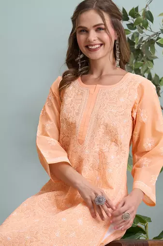 Ada hand embroidered peach cotton lucknowi chikankari straight kurta
