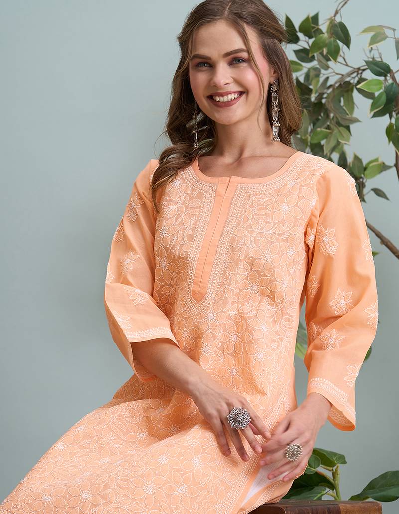 Ada hand embroidered peach cotton lucknowi chikankari straight kurta