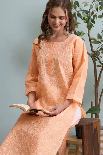 Ada hand embroidered peach cotton lucknowi chikankari straight kurta