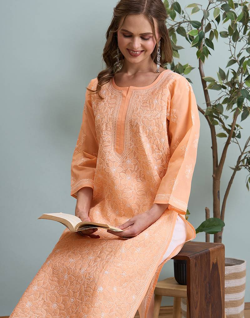 Ada hand embroidered peach cotton lucknowi chikankari straight kurta