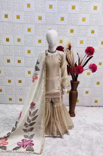 Pure heavy silk embrodairy seqence  work cream readymade salwar suit