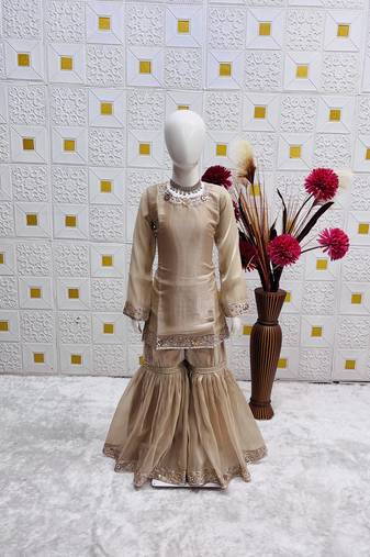 Pure heavy silk embrodairy seqence  work cream readymade salwar suit