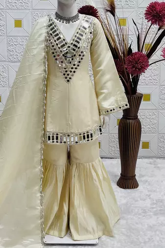 Trendy silk print and silver mirror  work cream readymade salwar suit