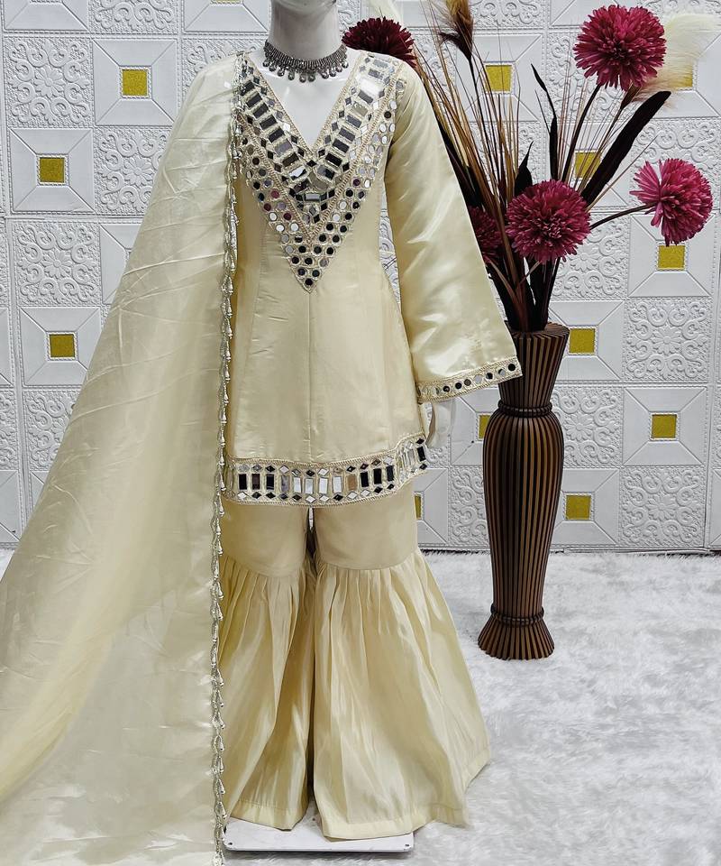 Trendy silk print and silver mirror  work cream readymade salwar suit