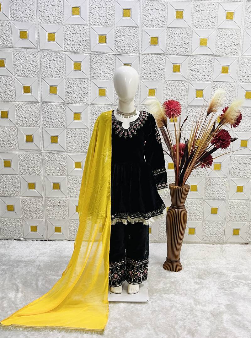 Heavy velvet  embroidery sequence work black readymade salwar suit