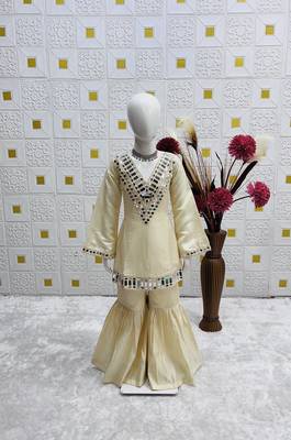 Trendy silk print and silver mirror  work cream readymade salwar suit 3