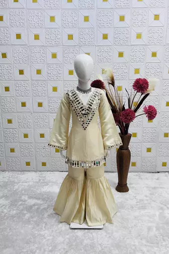 Trendy silk print and silver mirror  work cream readymade salwar suit