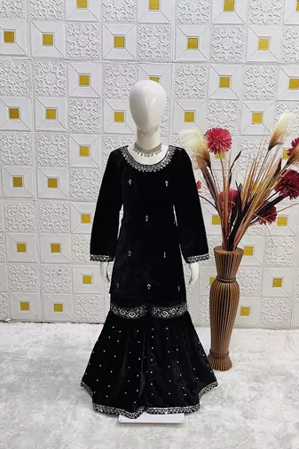 Velvet haevy embroidery sequence black readymade salwar suit