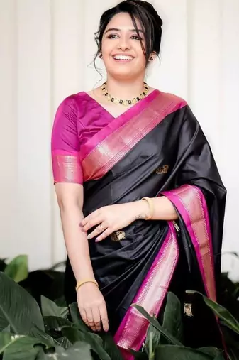 black pink silk blend banarasi saree with unstitched blouse piece