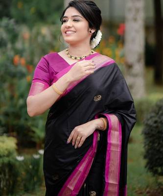 black pink silk blend banarasi saree with unstitched blouse piece 5