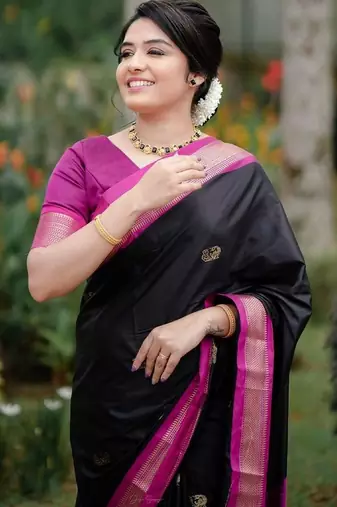 black pink silk blend banarasi saree with unstitched blouse piece