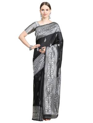 black grey silk blend banarasi saree with unstitched blouse piece 1