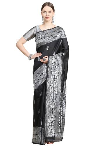 black grey soft art silk banarasi jacuard work designer party wear saree with unstitched blouse piece