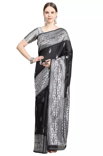 black grey soft art silk banarasi jacuard work designer party wear saree with unstitched blouse piece