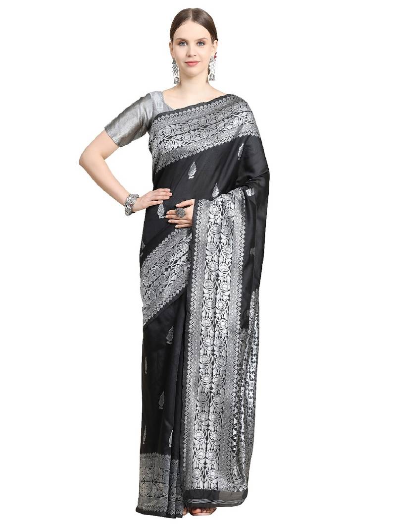 black grey soft art silk banarasi jacuard work designer party wear saree with unstitched blouse piece