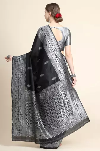 black grey silk blend banarasi saree with unstitched blouse piece