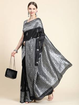 black grey silk blend banarasi saree with unstitched blouse piece 3