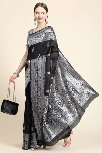 black grey silk blend banarasi saree with unstitched blouse piece