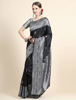 black grey silk blend banarasi saree with unstitched blouse piece 4