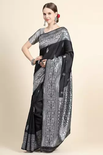 black grey silk blend banarasi saree with unstitched blouse piece
