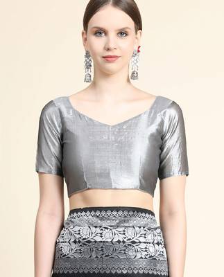 black grey silk blend banarasi saree with unstitched blouse piece 5