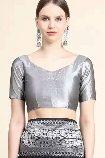 black grey silk blend banarasi saree with unstitched blouse piece
