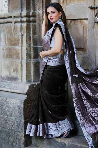 black grey soft art silk banarasi jacuard work designer party wear saree with unstitched blouse piece