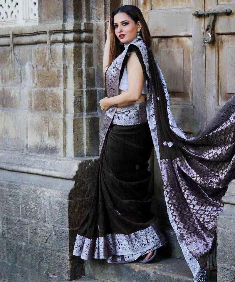 black grey soft art silk banarasi jacuard work designer party wear saree with unstitched blouse piece