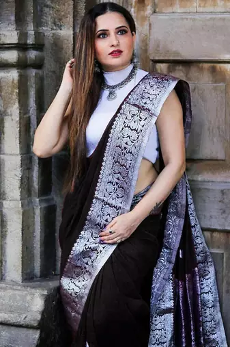black grey silk blend banarasi saree with unstitched blouse piece