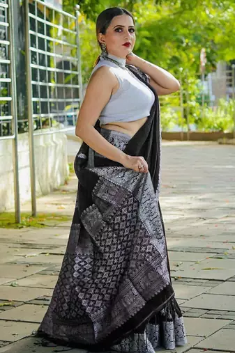 black grey silk blend banarasi saree with unstitched blouse piece