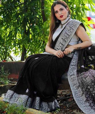 black grey silk blend banarasi saree with unstitched blouse piece 4