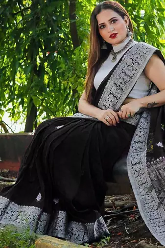 black grey silk blend banarasi saree with unstitched blouse piece