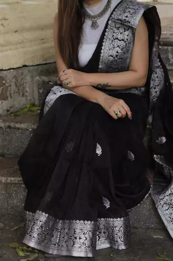 black grey silk blend banarasi saree with unstitched blouse piece