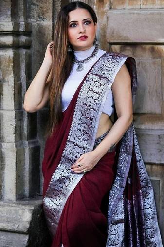 marroon grey soft art silk banarasi jacuard work designer party wear saree with unstitched blouse piece