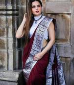 marroon grey soft art silk banarasi jacuard work designer party wear saree with unstitched blouse piece