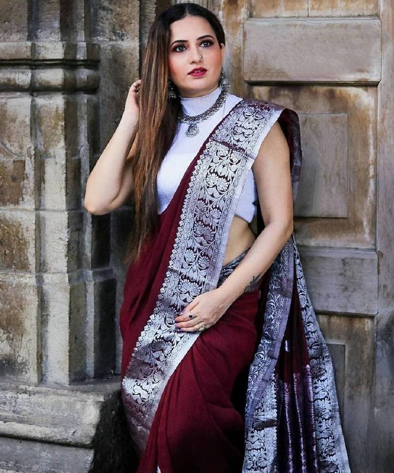 marroon grey soft art silk banarasi jacuard work designer party wear saree with unstitched blouse piece