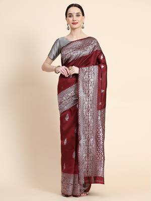 marroon grey silk blend banarasi saree with unstitched blouse piece 1