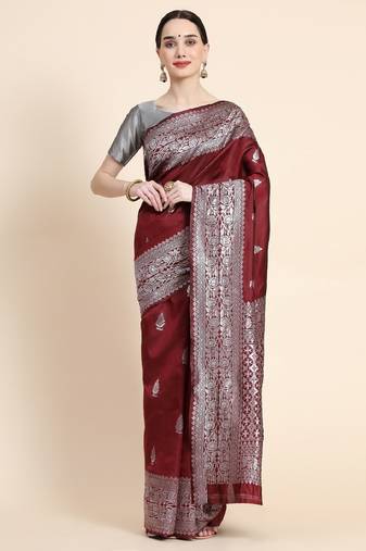 marroon grey soft art silk banarasi jacuard work designer party wear saree with unstitched blouse piece