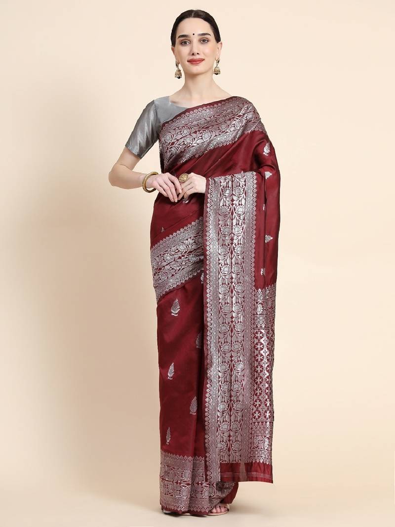 marroon grey soft art silk banarasi jacuard work designer party wear saree with unstitched blouse piece