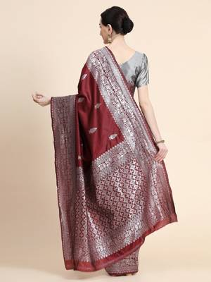 marroon grey silk blend banarasi saree with unstitched blouse piece 2