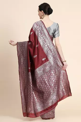 marroon grey silk blend banarasi saree with unstitched blouse piece