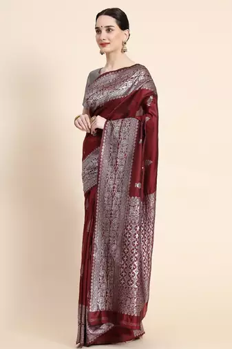 marroon grey silk blend banarasi saree with unstitched blouse piece