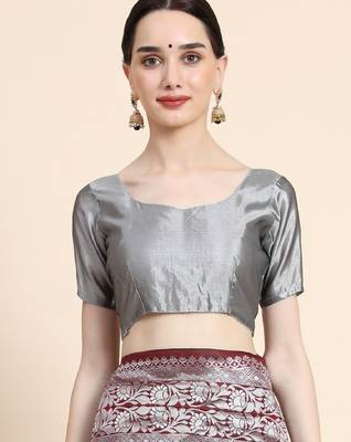 marroon grey silk blend banarasi saree with unstitched blouse piece 4