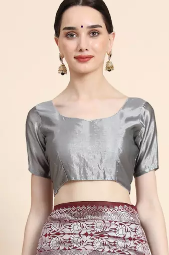 marroon grey silk blend banarasi saree with unstitched blouse piece