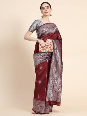 marroon grey silk blend banarasi saree with unstitched blouse piece 5