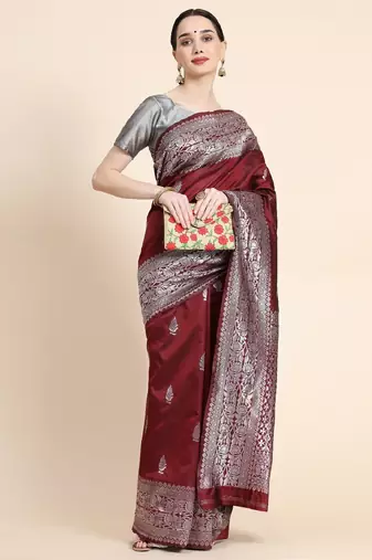 marroon grey silk blend banarasi saree with unstitched blouse piece