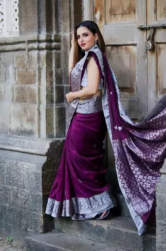 wine soft art silk banarasi jacuard work designer party wear saree with unstitched blouse piece
