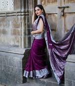 wine soft silk blend banarasi jacuard work designer party wear saree with unstitched blouse piece