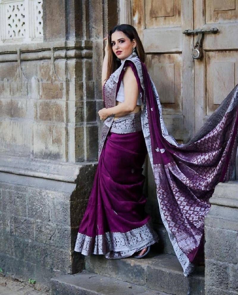wine soft art silk banarasi jacuard work designer party wear saree with unstitched blouse piece